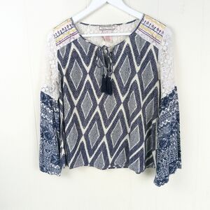 Flying Tomato Boho Top M Blue Embroidered Lace Tassel Tie Bell Sleeves Peasant